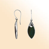 Handcrafted sterling silver marquise drop earrings with shimmering black shell inlay and Balinese scrollwork design